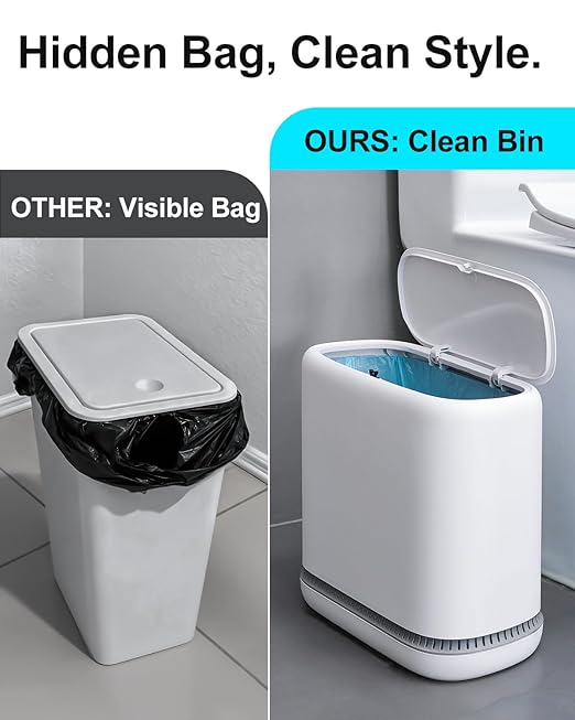 3 Gallon Slim Small Bathroom Trash Can with Lid White Dog Proof Garbage Can with Air-Press Bag Expander &amp Removable Bucket Narrow Bathroom Waste Basket for Bedroom Office Dorm