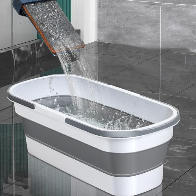 2024 New Large Flat Mop for Wet and Dry Use 54 Adjustable Stainless Steel Long Handle with 2 Washable Microfiber Pads 360 Rotating Dust Mop 12027(White Bucket)