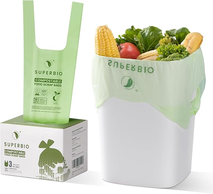 SUPERBIO 3 Gallon Compostable Food Waste Bags 80 Count Food Scrap Bags with Handles ASTM D6400 BPI and OK compost INDUSTRIAL