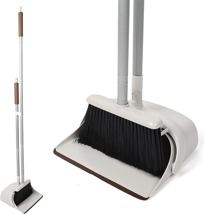 54 Long Handled Broom and Dustpan Set - Perfect Dust Pan and Brush Combo for Efficient Cleaning Brown and White