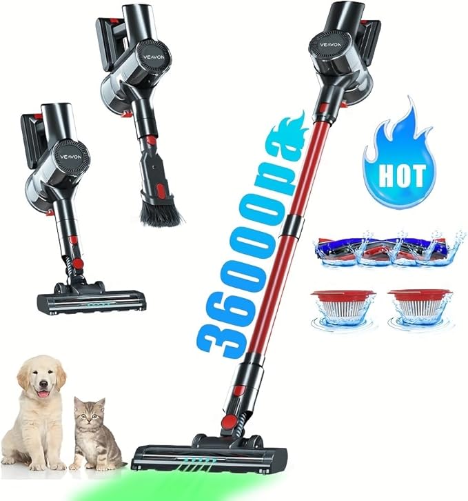 Cordless Vacuum Cleaner Lightweight Stick Vacuum Cleaner Rechargeable 6-in-1 Lightweight 300W 36Kpa for Hardwood Pet Hair Gray VEAVON