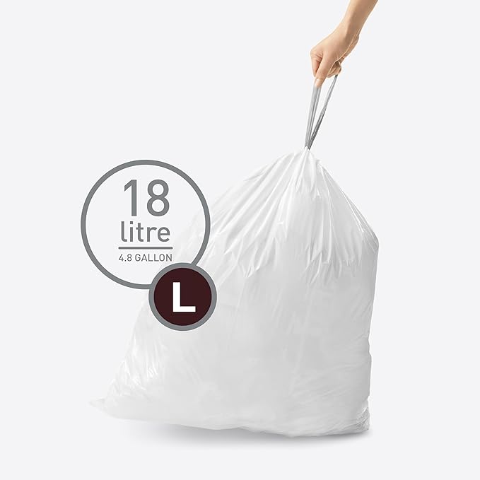 simplehuman Code L 200 Count Dispenser Pack Custom Fit Liners Drawstring Trash Bags 18 Liter / 4.7 Gallon White