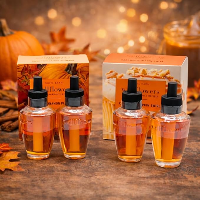 Bath &amp Body Works Sweet Cinnamon Pumpkin &amp Caramel Pumpkin Swirl – Fall Collections – 2-piece gift set with 30-inch Autumn Plaid Ribbon Bow – 0.8 fl oz each
