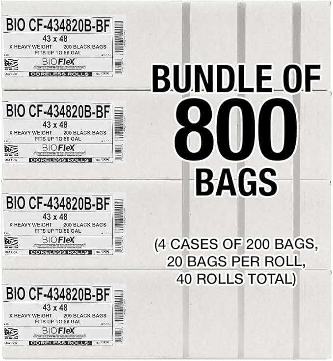 Aluf Plastics 56 Gallon 20 Micron (equivalent) Black Heavy Duty Trash Bags With BioFlex Technology - 43 x 46 - Pack of 800 - For Recycling Kitchen Contractor &amp Outdoor