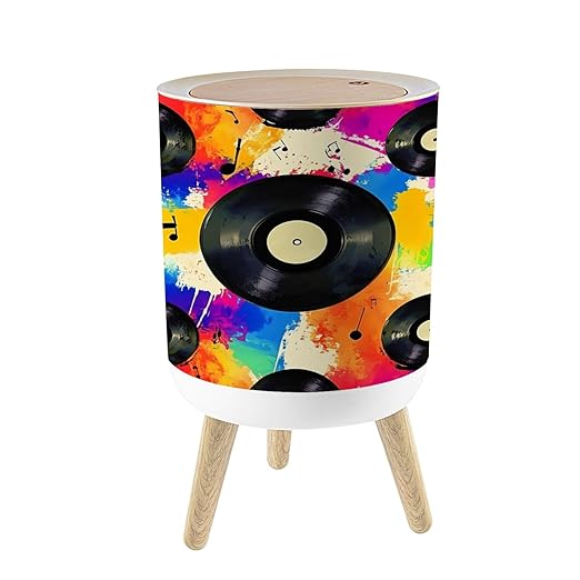 Small Trash Can with Lid Seamless texture vinyl record music notes rainbow watercolor splash 1.8 Gallon/7L Garbage Can Waste Bin with Press Top Lid Wood Legs Wastebasket for Bathroom Kitchen Bedroom