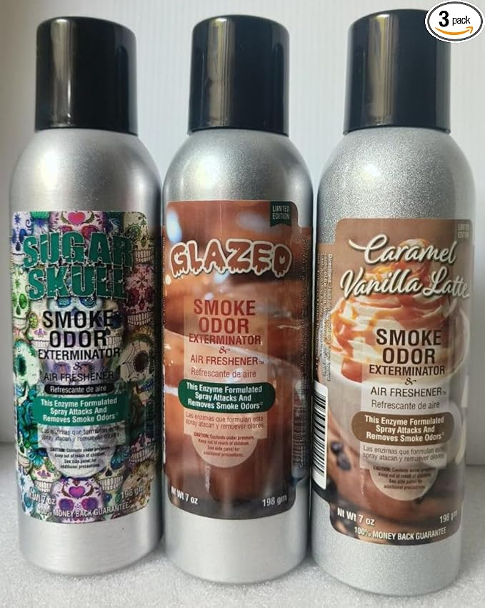Smoke Odor Exterminator 198 gm/ 7 oz Large Spray Assorted Sugar Skull Set of Three Cans.Includes Sugar Skull Glazed &amp Caramel Vanilla Latte.