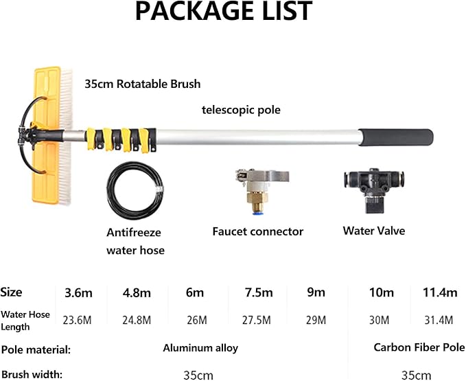 Solar Panel Cleaning Pole 30ft Telescopic Water Fed Brush Squeegee Long Reach Solar Panel Cleaning Brush Water Fed Window Pressure Washer with Widened 40cm Rotatable Brush