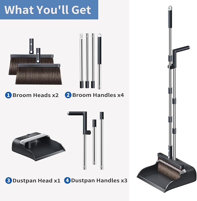Broom with Dustpan Combo Set Broom and Dustpan Set with 51.6 Long Handle &amp Two Broom Heads Brooms with Dust Pan Teeth for Pet Hair Indoor&ampOutdoor Sweeping Home Kitchen Office