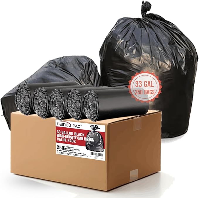 33 Gallon Trash Bags 250 Count Bulk Black Garbage bags Multi-purpose Trash Can Bin Liners for Home Commercial Outdoor Construction Industrial Janitorial Municipal Lawn Leaf