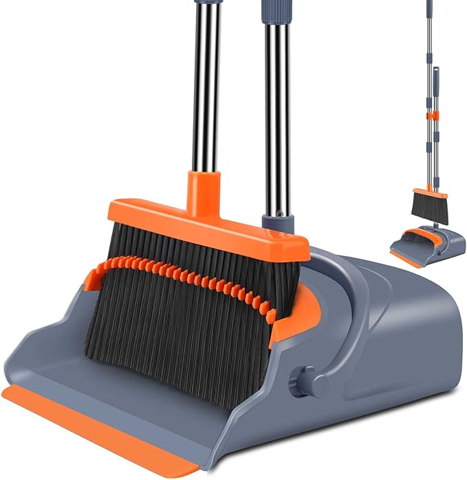 kelamayi Upgrade Broom and Dustpan Set Self-Cleaning with Dustpan Teeth Indoor&ampOutdoor Sweeping Ideal for Dog Cat Pets Home Use Stand Up Broom and Dustpan (Gray&ampOrange)