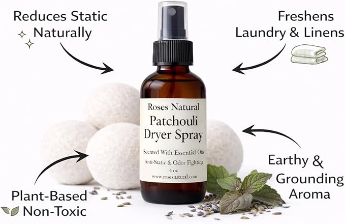 Wool Dryer Balls &amp Dryer Spray Bundle – 3 Reusable Dryer Balls + Plant-Based Essential Oil Dryer Spray Natural Fabric Freshener Anti-Static &amp Odor Fighting (Patchouli)