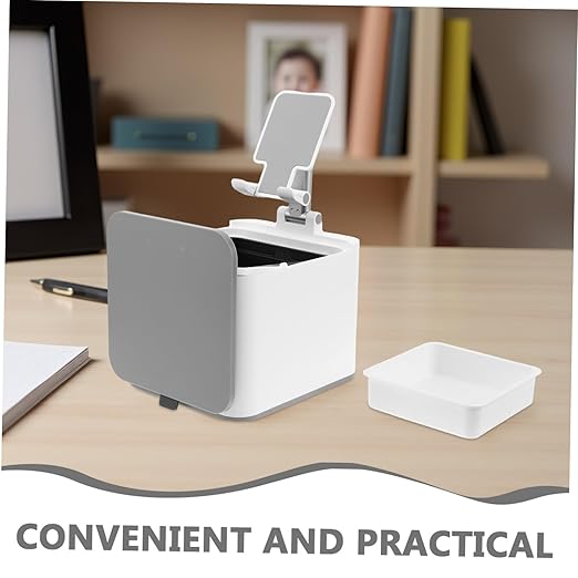 TEHAUX Mini Trash Bin with Phone Holder for Desk Portable Wastebasket for Home Office Travel and Car Compact Dual Purpose Design
