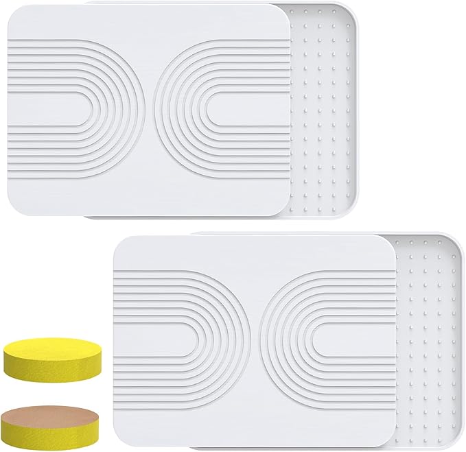 2 PCS Stone Dish Drying Mat ＆ Silicone Mat for Kitchen Counter – Diatomaceous Earth Bath Mat for Bathroom 16.14L×12.4W×2 Quick Dry Mats for Dishes Bottles Cups Match Any Countertop(White)