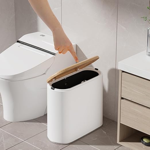 Small Bathroom Trash Can with Lid 10L/2.6 Gal Slim Wastebasket - Odor &amp Pet Proof Inner Bucket &amp Wood Grain Top Plastic White Garbage Can for Kitchen Bedroom Living Room Office RV