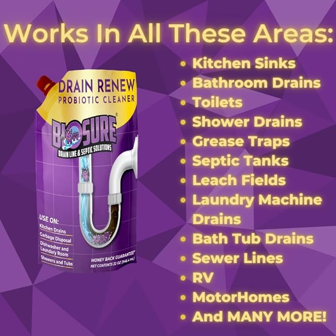 DRAIN RENEW Drain Line Maintenance and Septic Tank Treatment: The Ultimate Drain Cleaner for Your Drains Showers Sinks and Toilets - Keep Your Pipes Clear and Septic System Healthy