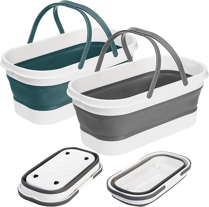 Yesland 2 Pack Collapsible Plastic Bucket with Wheels 12L (3.17 Gallon) Foldable Rectangular Mop Bucket Portable Water Pail with Handle for House Cleaning Car Washing Fishing Camping Gray &amp