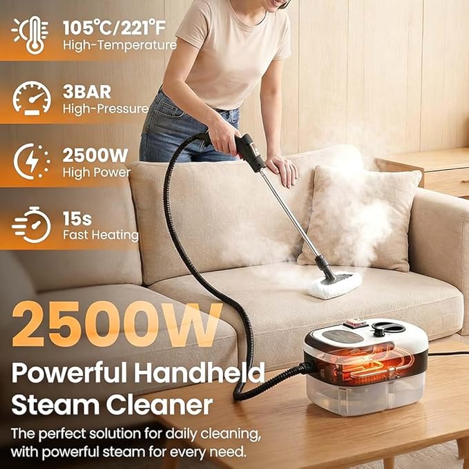 2500W Handheld Steam Cleaner High Pressure Steam Cleaner for Car &amp Home Portable Steam Cleaner for Walls Tile Grout &amp Furniture 6-Level Control with 40.6oz Tank