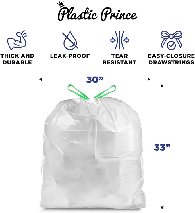 30 Gallon Trash Bags Drawstring White Garbage Bags 30 gallon 30 x 33 Trash Can Liners 1 Mil Pack of 150