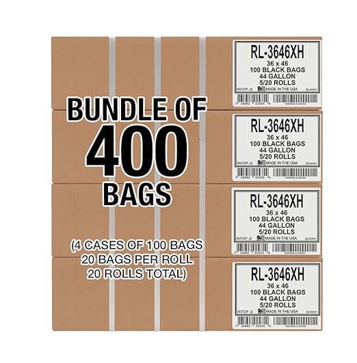 Aluf Plastics 44 Gallon Trash Can Liners (400 Count) - 36 x 46 - Thick 1.5 MIL Equivalent Black Trash Bags for Bathroom Kitchen Office Industrial Commercial Recycling and More