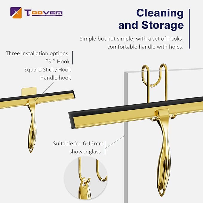 TOOVEM 14 Inch Shower Squeegee for Glass Doors Window Bathroom Car Windshield Shower Cleaning Tools with S Hook Square Sticky Hook (Gold)
