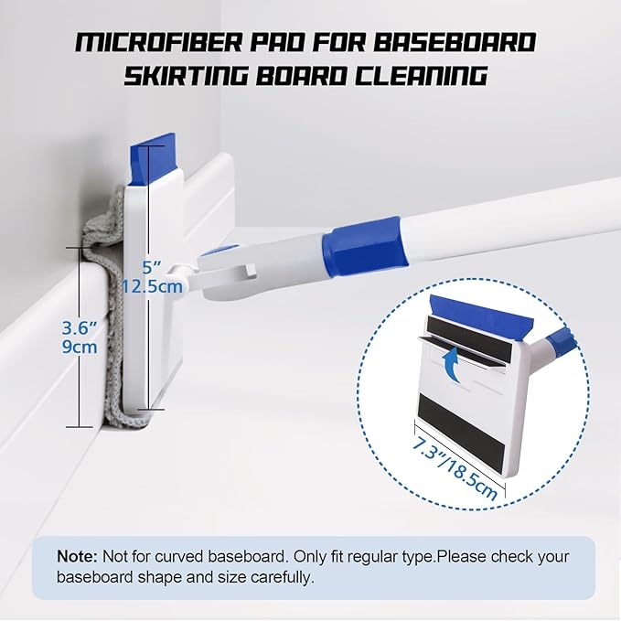 Qaestfy Baseboard Cleaner Tool with Handle Wall Floor Mop with Extendable Long Handle Duster for Cleaning Window Floor Skirting Board Ceiling Shower Tub Tile Kitchen with 6 Reusable Pads