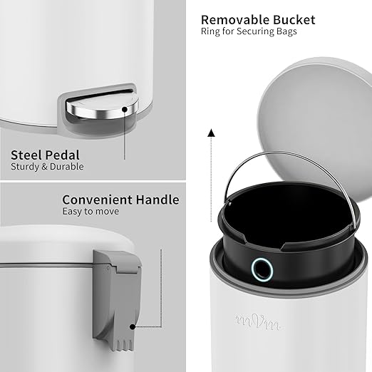 mVm Trash Can Set 5.3 Gallon(20L)+1.3 Gallon(5L) Kitchen Bathroom Trash Cans Combo Step Round Stainless Steel Garbage Can with Lid Anti-FingerprintSoft-Closefor Home Office(White)