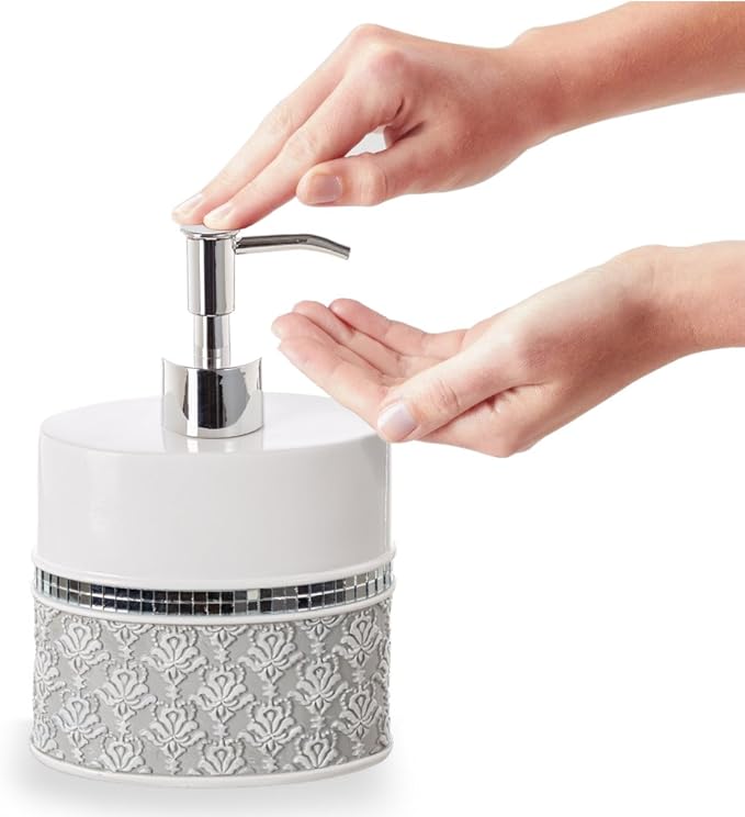 Creative Scents Mirror Damask Bathroom Accessory Set Complete - Decorative 4 Piece White and Gray Bathroom Set Includes: Soap Dispenser Soap Dish Toothbrush Holder and Tumbler