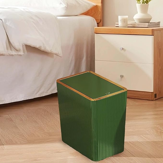12L Slim Trash Can with Press Lid Green Wastebasket for Bathroom Kitchen Bedroom