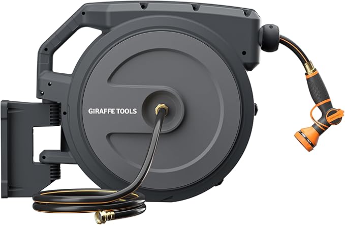 Giraffe Tools Heavy-Duty Wall-Mounted Hose Reel 5/8 x 90 ft Retractable Hose with Automatic Rewind 180° Swivel Any-Length Lock &amp 9-Pattern Nozzle (Dark Grey)