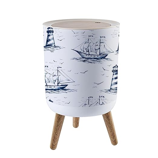 Small Trash Can with Lid Vintage Hand Drawn Nautical Toile De Jouy Seamless Lighthouse Wood Legs Press Cover Garbage Bin Round Waste Bin Wastebasket Kitchen Bathroom Office