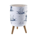 Small Trash Can with Lid Vintage Hand Drawn Nautical Toile De Jouy Seamless Lighthouse Wood Legs Press Cover Garbage Bin Round Waste Bin Wastebasket Kitchen Bathroom Office