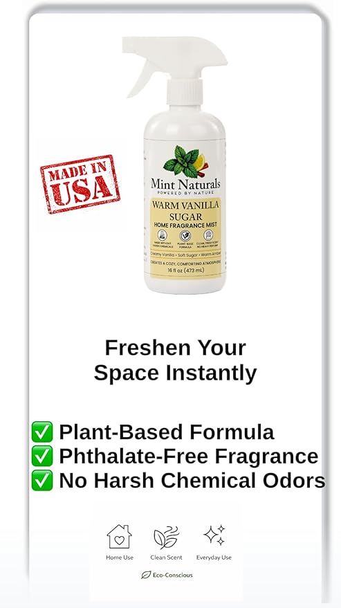 Natural Warm Vanilla Room Spray &amp Odor Eliminator – Cozy Vanilla Sugar Fragrance Mist That Helps Refresh Indoor Air 16 oz – Made in USA by Mint Naturals