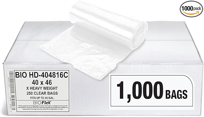 Aluf Plastics 45 Gallon Clear Trash Bags (1000 Count) With BioFlex Technology - 40 x 48 - 16 Micron Equivalent High Density Garbage Bags