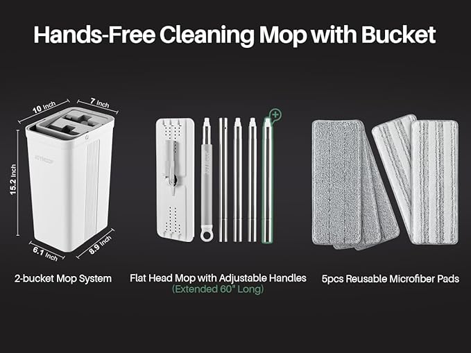 JOYMOOP Mop and Bucket with Wringer Set White Flat Squeeze Mop Bucket Set for Floor Cleaning Wet Dry Mops for Walls Wall Cleaner with Long Handle Hardwood Floor Mop-5 Microfiber Cloths