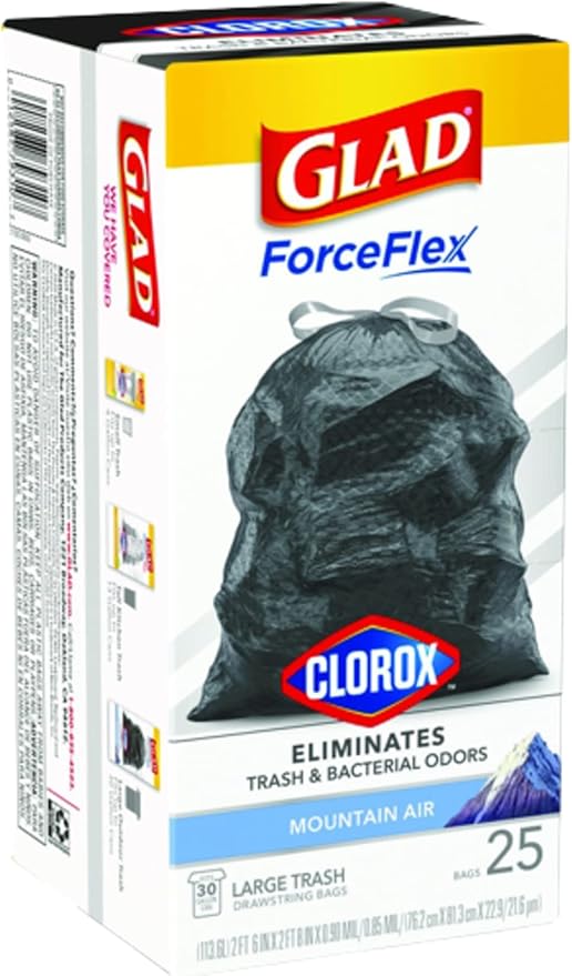Glad Force Flex 30 Gallon Mountain Air Scent Trash Bags Drawstring 25 bags (Pack of 6)