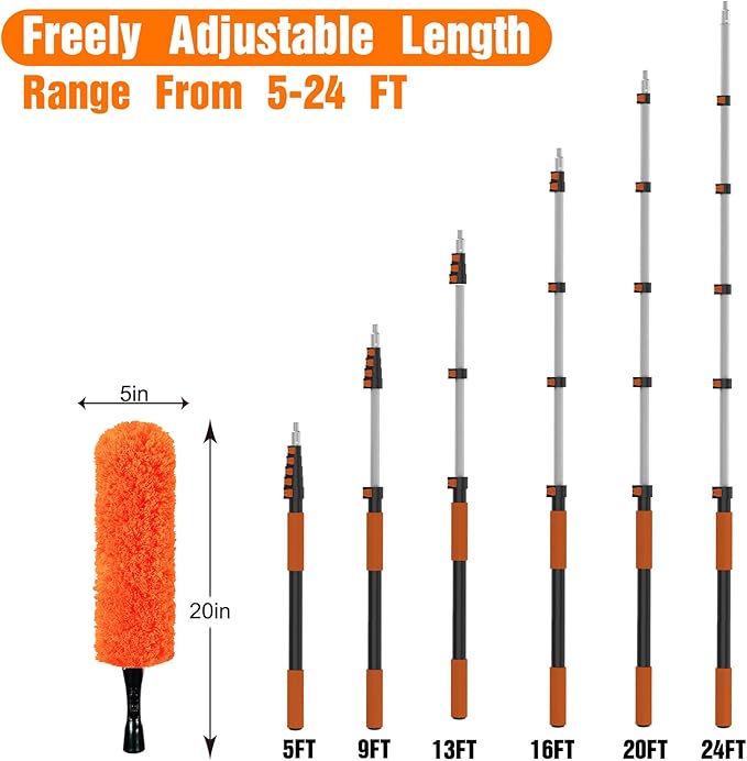 30FT High Reach Duster Cleaning Kit with Extension Pole High Ceiling Fan Cleaner Duster Tool for Fan Blades Window Washing Kit with Microfiber Feather Duster &amp Window Squeegee