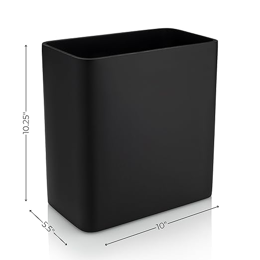 Essentra Home Matte Black Rectangular Trash Can for Home Office Bedroom Bathroom Kitchen - 2.4 Gallon 9 Liter Capacity - Fits in Narrow Compact Spaces - Stable Durable Polyresin