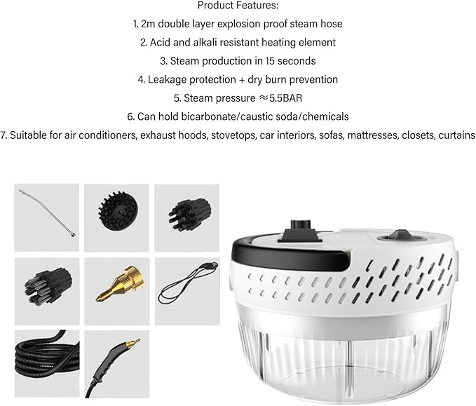 Steam Cleaner 2500W 5.5BAR High Pressure Handheld Steam Cleaner High Temp 6 Levels Adjustable1400ml Water Tank Suitable for Home Kitchen (US Plug 110V)