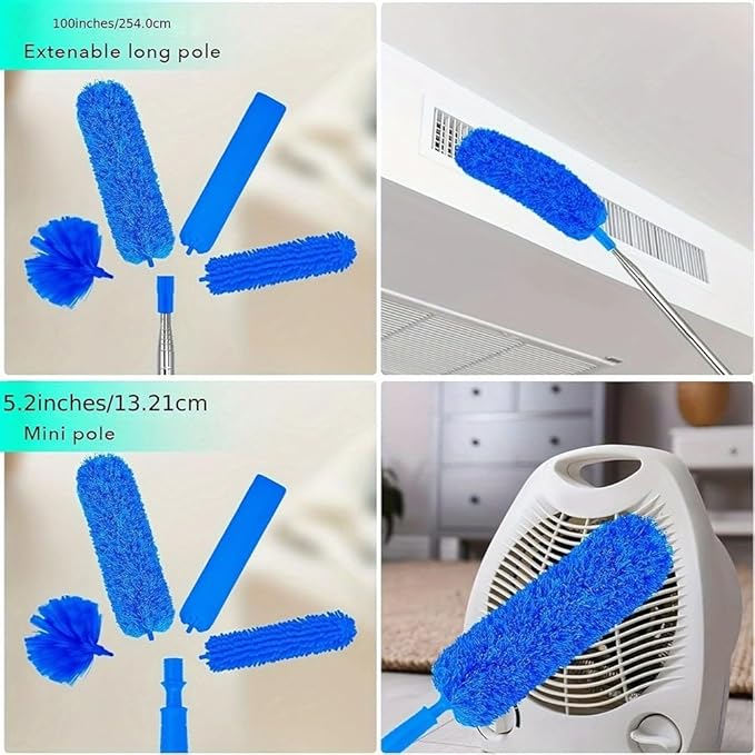 6pcs Telescopic Duster Set Extendable to 213cm Microfibre Mop with Hook High Ceilings and Cobwebs Washable Cleaning Brush Kit Blue