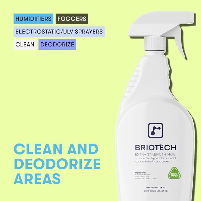 BRIOTECH Extra Strength HOCl Cleaner 500 PPM Hypochlorous Acid Concentrate ULV Foggers &amp Humidifiers Professional Deodorizer for Dental Offices Schools Homes Peroxide Free 1 Gallon (4 Pack