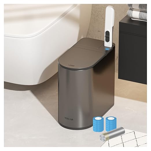 Bathroom Trash Can with Lid - Motion Sensor Smart Garbage Bin with Toilet Brush 2 Gallon / 7L Small Automatic Trash Can Odor-Control for Bathroom (Grey with Toilet Brush)