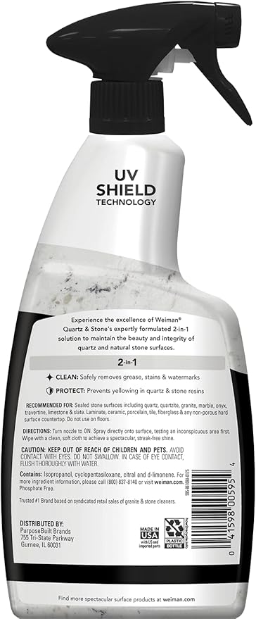 Weiman Quartz Countertop Cleaner and Polish - Clean and Shine Your Countertops Islands and Stone Surfaces with UV Protection 24 Ounce with MicroFiber Towel 2 Pack