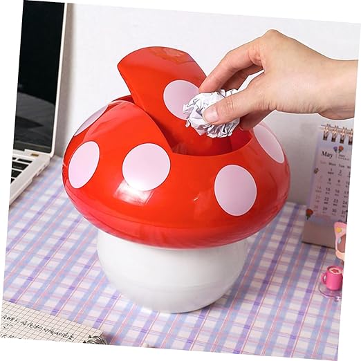 Luxshiny 2Pcs Cute Mushroom Desktop Trash Can Litter Bin with Lid Space Saving Wastebasket for Office Kitchen Bedroom Easy to Clean No Odor Home Decor