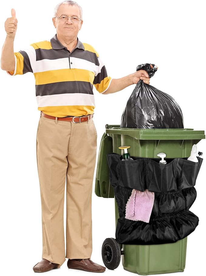 Frienda 4 Pcs Trash Can Caddy Bag Cleaning Caddy Bag for Garbage Bins Trash Holder Cart Garbage Bin Storage Organizer Fits 32-50 Gallon Can Janitorial Storage Cleaning Supplies (Black)