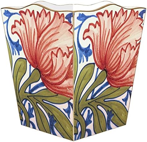 Marye-Kelley-Delft Red Poppy Wastepaper Basket Wastebasket Decoupage Wood Decorative Wastebasket for Kitchen Bathroom Bedroom Living Room Handmade Made in The USA