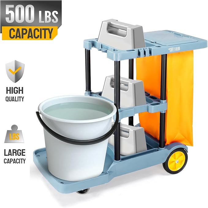 TUFFIOM Commercial Traditional Cleaning Janitorial 3-Shelf Cart 500 Lbs Capacity Housekeeping Cart 42.5 L x 18.7 W x 37.6 H Wheeled with 22 Gallon Yellow Vinyl Bag and Cover w lid Blue