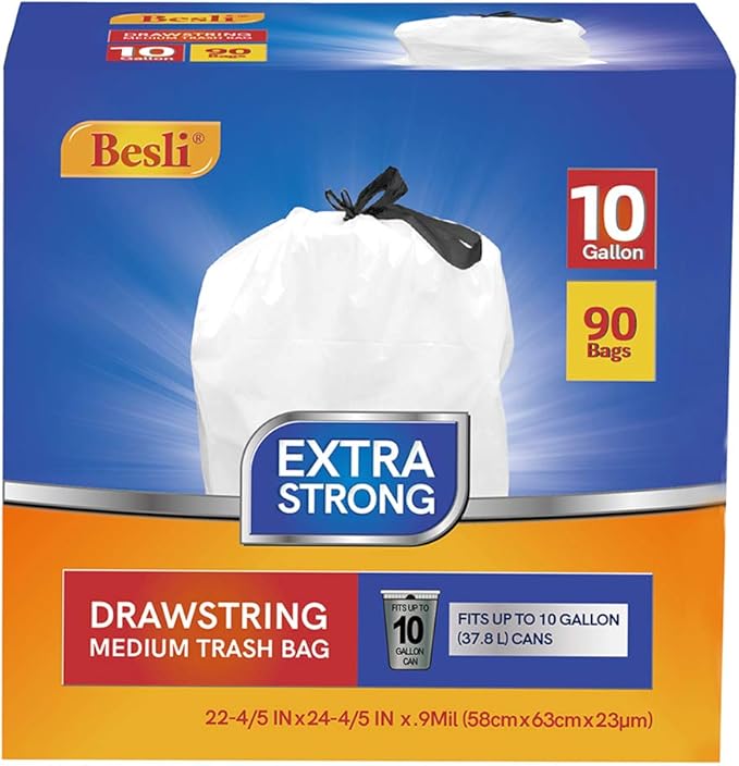 Besli 10 Gallon Drawstring Trash Bag Garbage Bag Trash Can Liner0.9 Mil90 Counts