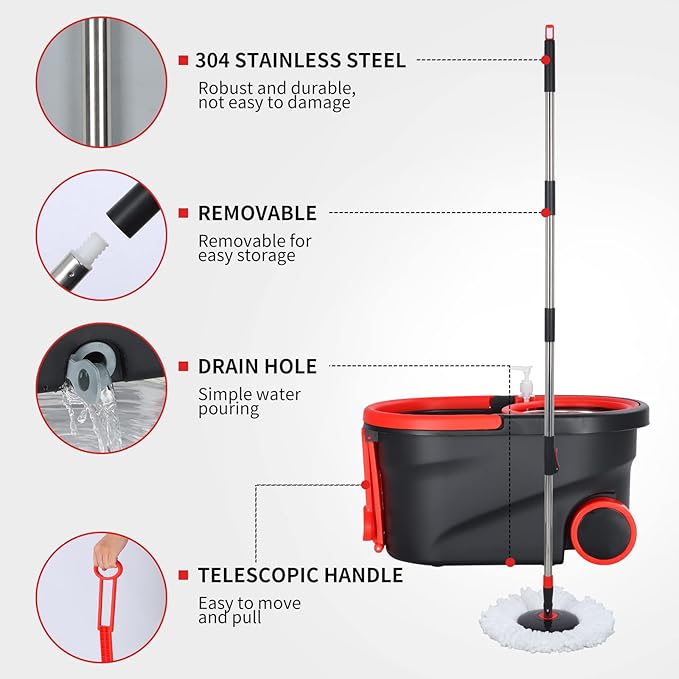 Spin Mop and Bucket with Wringer Set on Wheels 360° Spinning Mop Bucket System with 3 Microfiber Mop Replacement Heads and 61 Stainless Steel Adjustable Handle for Floor Cleaning (25QT)