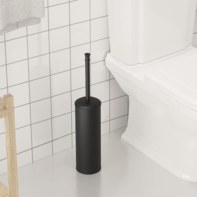 BESy Toilet Brush and Holder Toilet Cleaner Bowl Set with Two Brush with Extra Long Handle Durable Bristles Toilet Scrubber and Covered Holder Drip-Proof Stainless Steel Matte Black