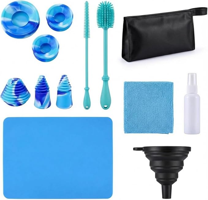 Glass Cleaning Kit - Reusable Silicone Accessories - Complete Kit to Clean your Piece Just Add Cleaner - Reusable Soaker Bag Brushes Mat Caps &amp Plugs Funnel &amp Microfiber Towel (12pc)
